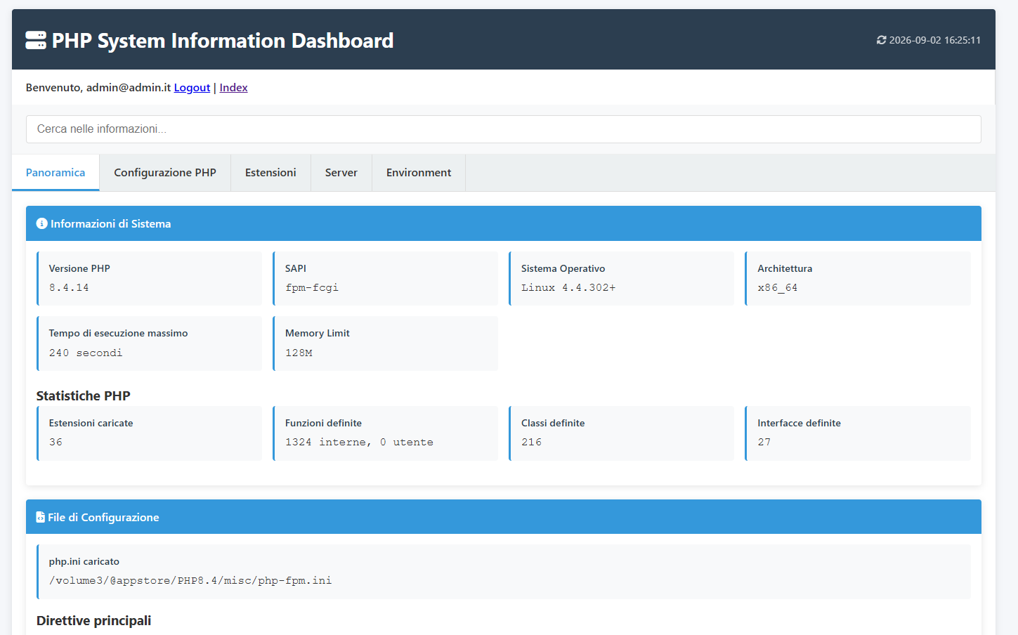 Screenshot Dashboard PHP per Monitorare il Server: Script Protetto con Login e Sessioni