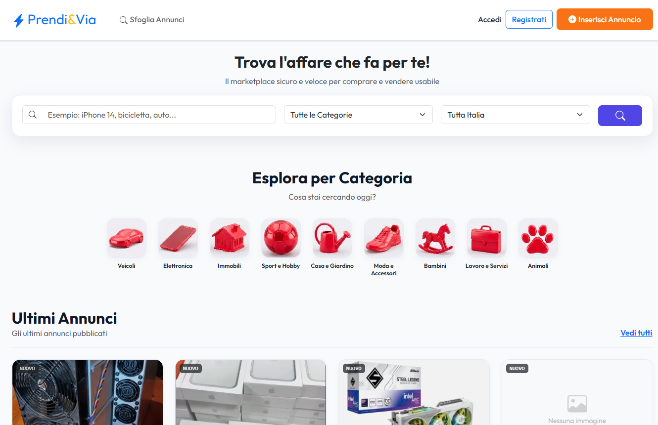 Screenshot Prendi&Via – Piattaforma Web Moderna di Annunci e Compravendita Locale