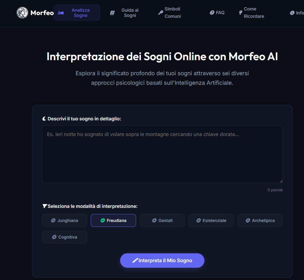 Screenshot Morfeo interpretazione dei sogni online con intelligenza artificiale