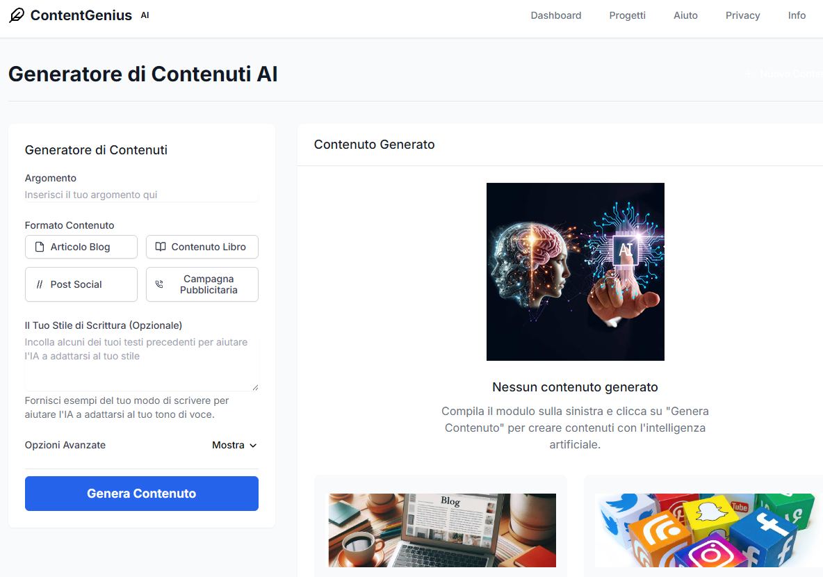 Screenshot ContentGenius AI: generatore di contenuti con intelligenza artificiale