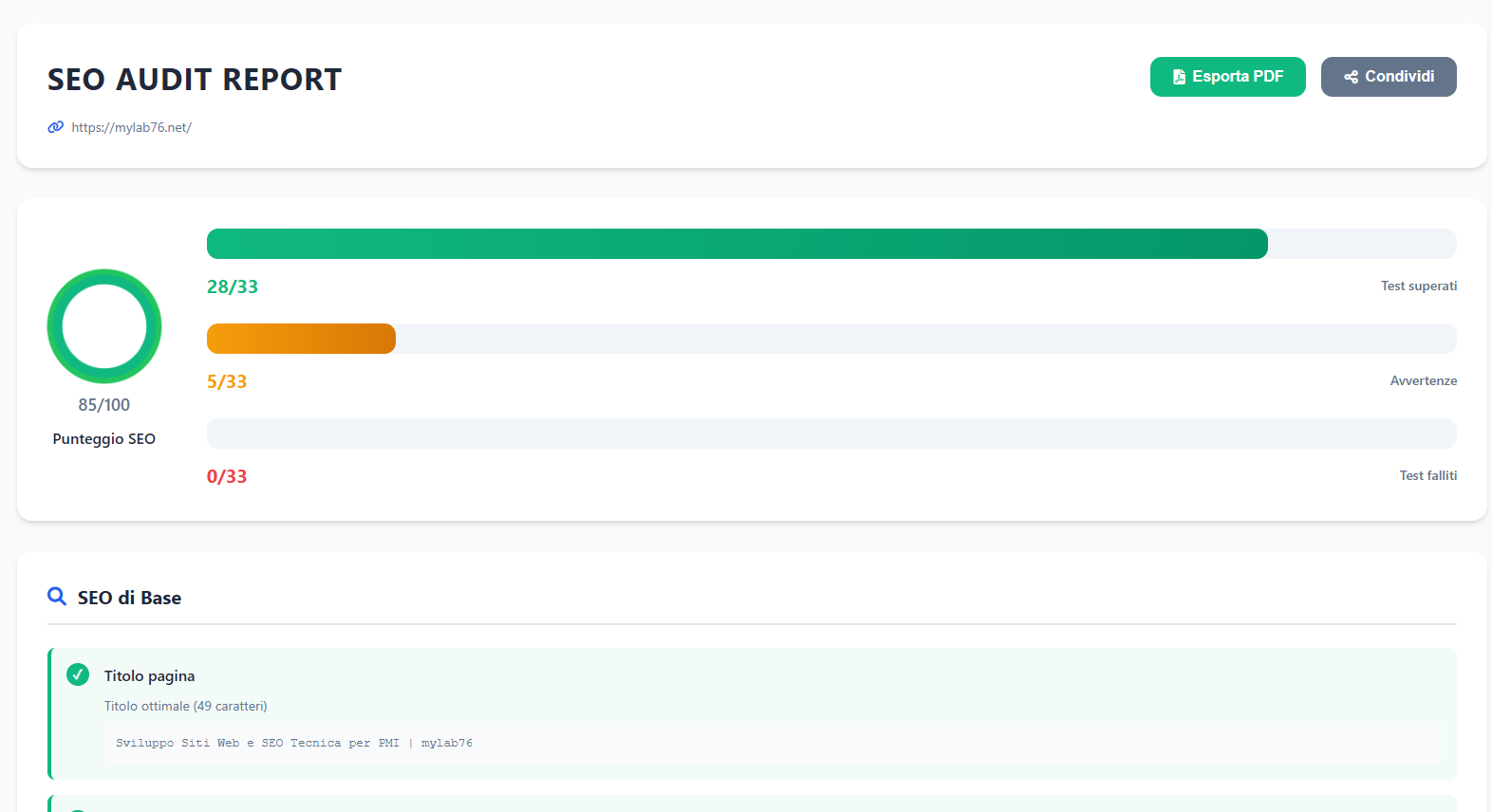 Screenshot SEO Audit Pro: La Piattaforma Completa per l'Analisi SEO Avanzata, Prestazioni e Reportistica AI