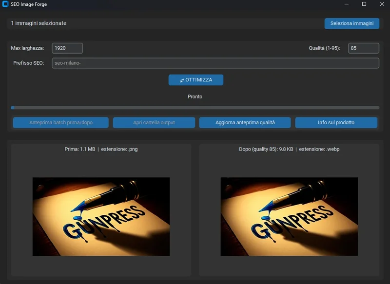 Screenshot SEO Image Forge: ottimizza immagini WebP per velocità e SEO